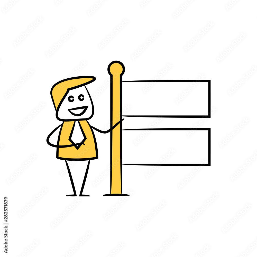 businessman and blank signage or signpost yellow stick figure theme businessman and blank signage or signpost yellow stick figure theme