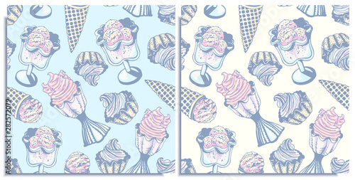 Vector set of seamless patterns with wonderful colorful cupcake, cone ice cream, a scoop of strawberry ice cream in a bowls. Hand-drawn, graphic, style. Tender, soft, light, sleep color: pink, blue