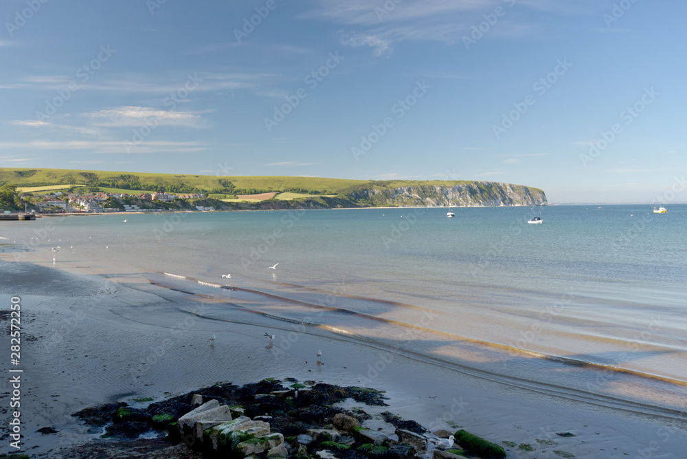The beach and seafront at Swanage on the Dorset coast in Southern England