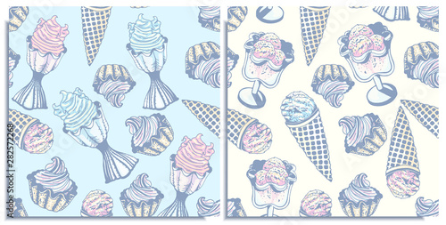 Vector set of seamless patterns with a wonderful balls cone ice cream,berry , lemon, flavor mint ice cream in bowls. Hand-drawn, graphic, style. Tender, soft, light, sleep color: blue, pink, yellow