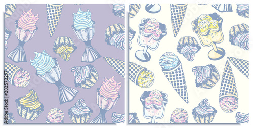 Vector set of seamless patterns with a wonderful balls cone ice cream,berry , lemon, flavor mint ice cream in bowls. Hand-drawn, graphic, style. Tender, soft, light, sleep color: purple, pink, yellow