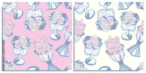 Vector set of seamless patterns with wonderful colorful cupcake, cone ice cream, a scoop of strawberry ice cream in a bowls. Hand-drawn, graphic, style. Tender, soft, light, sleep color: pink, blue