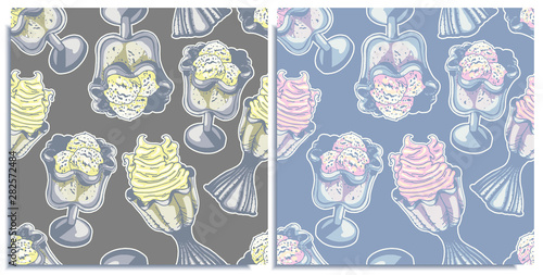 Vector set of seamless patterns with a wonderful stickers of balls strawberry ice cream, lemon ice cream in bowls. Hand-drawn, graphic, style. Tender, soft, light, sleep color: blue, pink, yellow