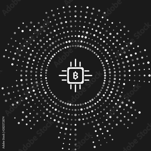 White CPU mining farm icon isolated on grey background. Bitcoin sign inside processor. Cryptocurrency mining community. Digital money. Abstract circle random dots. Vector Illustration