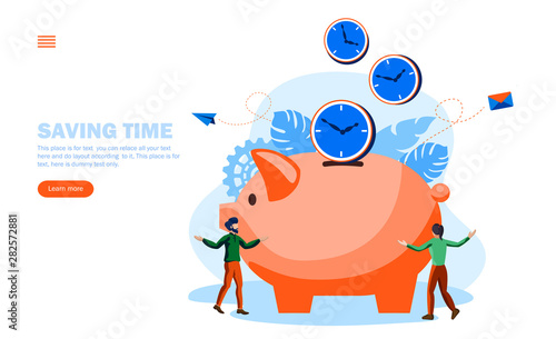 team saving time with piggy bank and clocks