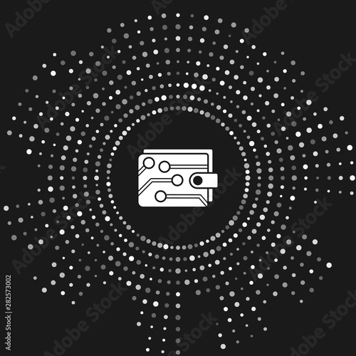 White Cryptocurrency wallet icon isolated on grey background. Wallet and bitcoin sign. Mining concept. Money, payment, cash, pay icon. Abstract circle random dots. Vector Illustration