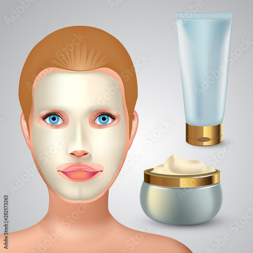 Beauty fashion girl apply facial white mask. Facial Mask Cosmetics Packaging. Package design for face mask. Cosmetics tube and jar with white creme.