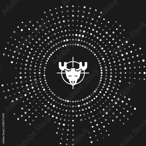 White Hunt on moose with crosshairs icon isolated on grey background. Hunting club logo with moose and target. Rifle lens aiming a moose. Abstract circle random dots. Vector Illustration