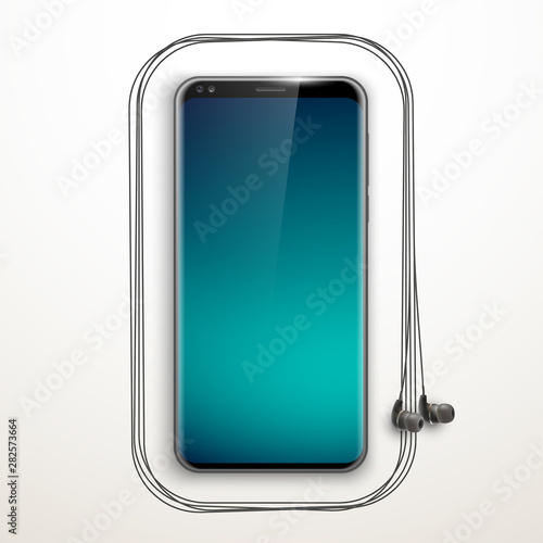 Image headphones on smartphone latest model background. Device for listening music on phone latest model background. Color stereo headphone for listening audio from phone. Banner earphones music party