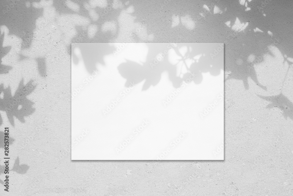 Empty white horizontal rectangle poster mockup with soft shadow on neutral light grey concrete wall background. Flat lay, top view - obrazy, fototapety, plakaty 