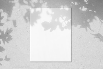 Empty white vertical rectangle poster mockup with soft hawthorn leaves shadows on neutral light grey concrete wall background. Flat lay, top view