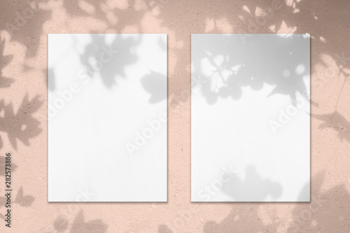 Two empty white vertical rectangle poster mockups with soft shadows on pastel pink colored concrete wall background. Flat lay, top view