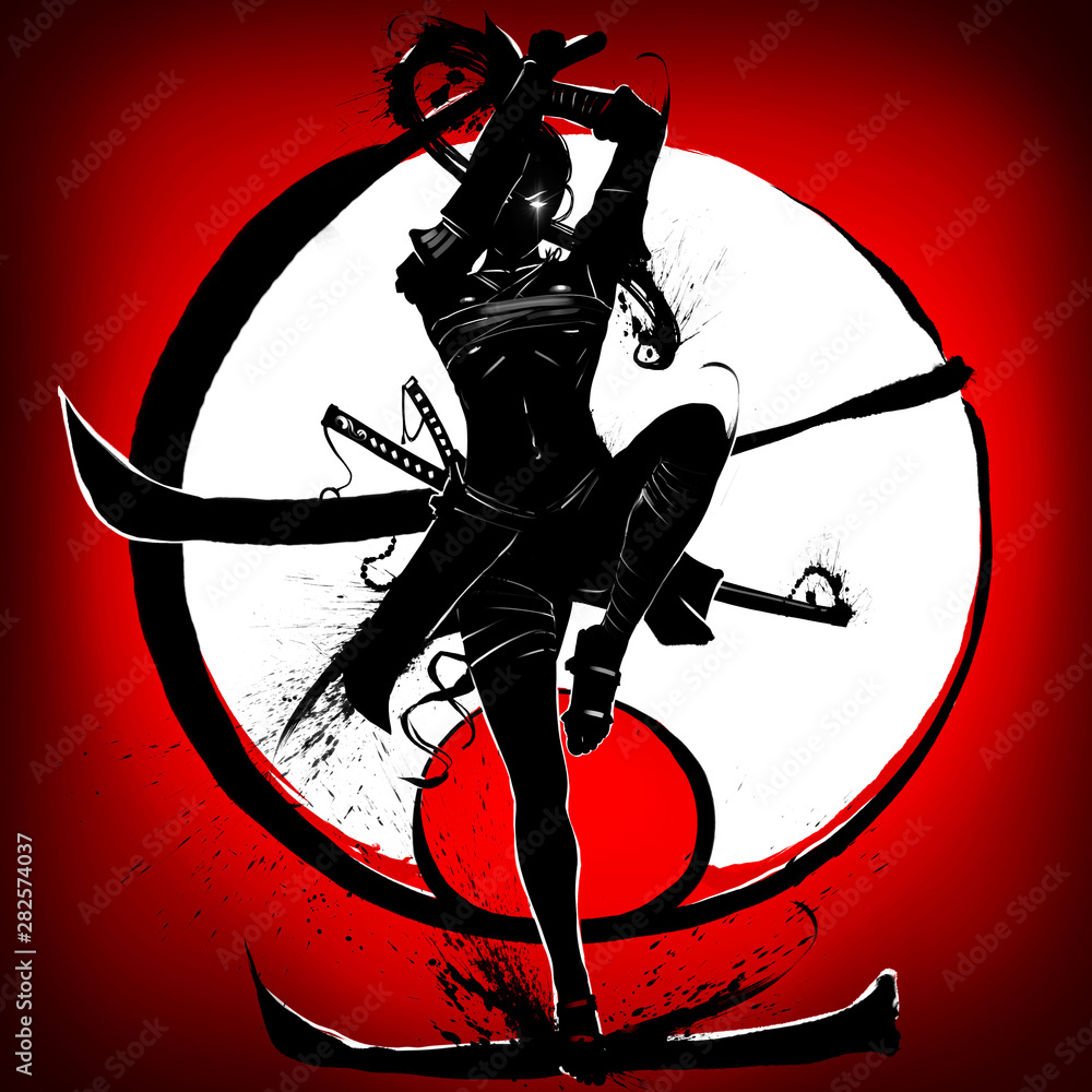 Fototapeta premium Silhouette of a samurai girl who attacks in a jump with a katana in her hands. 2D Illustration.