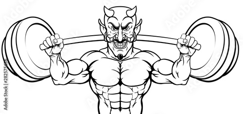 A devil Satan weight lifter body builder sports mascot lifting a big barbell