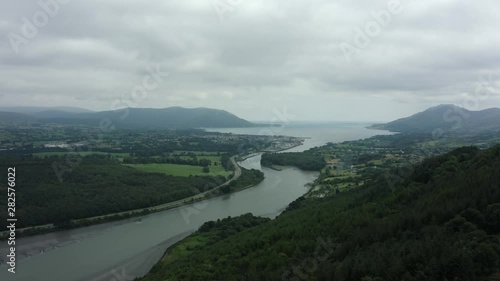 Aerial 4K footage of the Irish border with Northern Ireland, to the left is Warrenpoint(UK) to the right is Carlingford(ROI). This the location for a hard border if no deal happens. photo