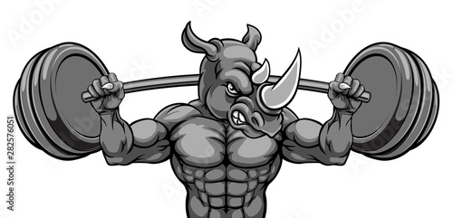 A rhino animal body builder sports mascot weight lifting a barbell