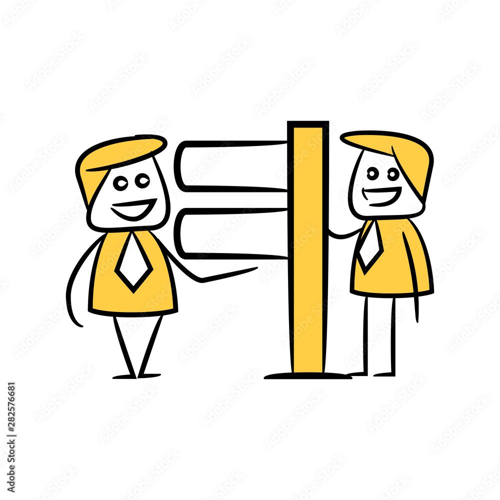 businessman and blank signage or signpost yellow stick figure theme businessman and blank signage or signpost yellow stick figure theme