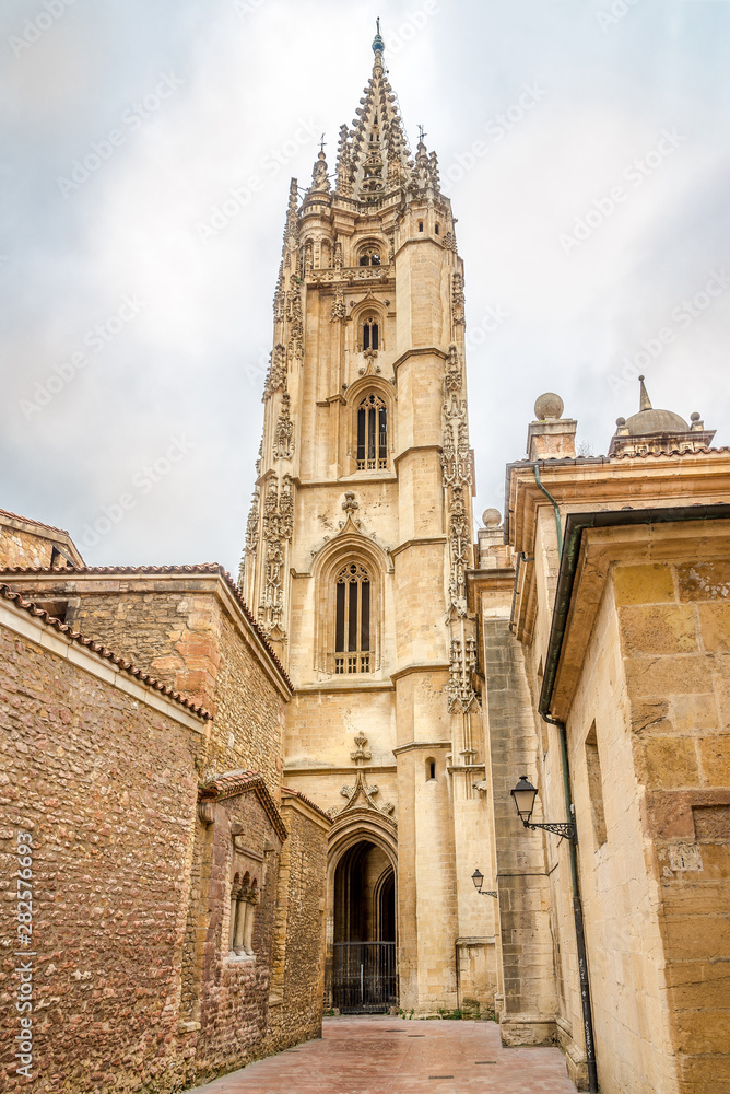 View at the Bell tower of Cathedral of San Salvador in the streets of Oviedo in Spain
