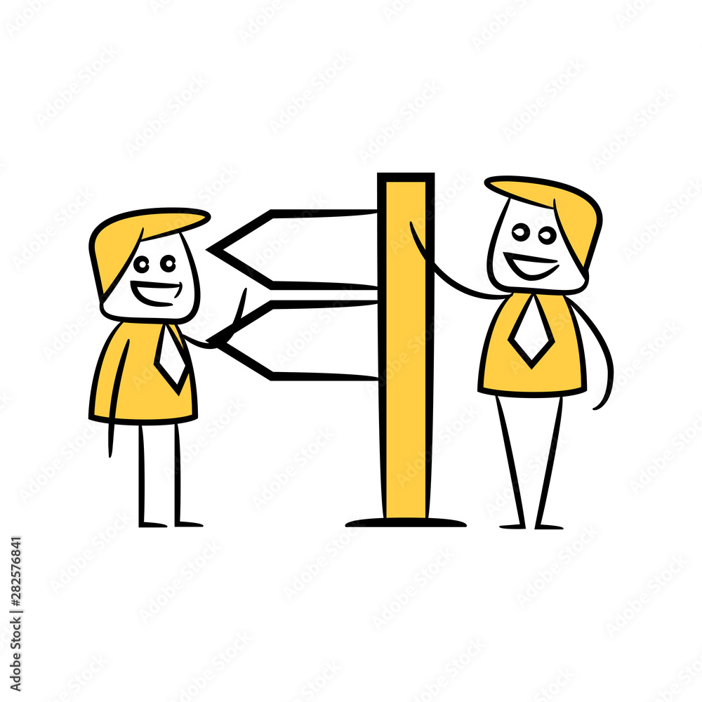 businessman and blank signage or signpost yellow stick figure theme businessman and blank signage or signpost yellow stick figure theme