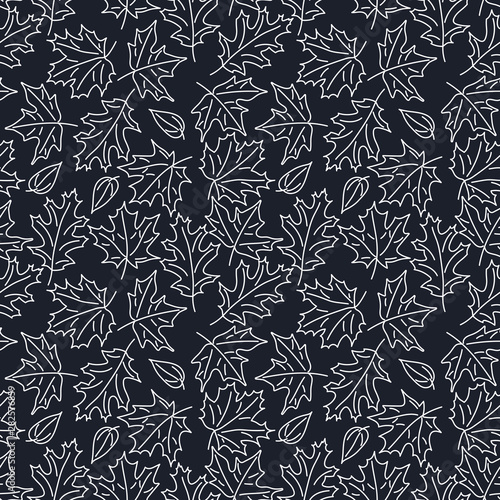 Autumn seamless patern, contours white leaves, dark blue background, design for fabrics,