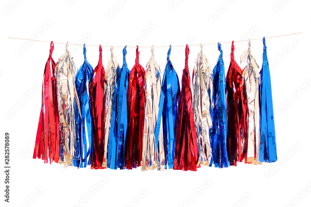 Garlands of paper tinsel red foil, silver foil, blue foil colors