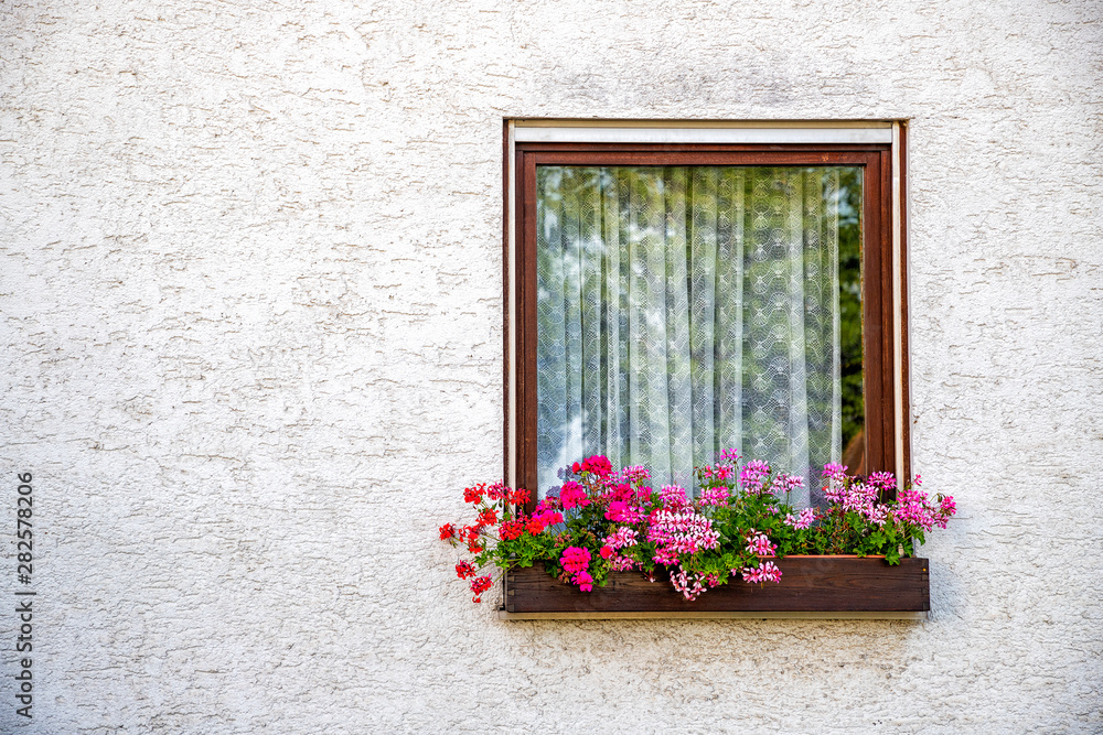 Beautiful old window frame with flower box and light grey wall. Geranium or cranesbill in a window box. Rural window frame with copy space.