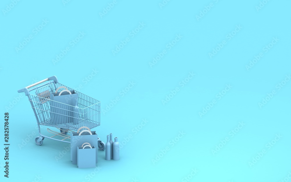 Naklejka Shoping cart 3d render. Blue background. Modern store. Blue shoping cart. Online shoping. Sale. Buying and selling concept.