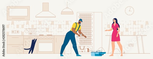 Serviceman Repairing Fridge on Kitchen Flat Vector