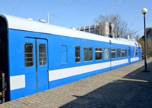 KALININGRAD, RUSSIA. Motor car diesel train of D-1 No. 590 series. Museum of history of the Kaliningrad railroad