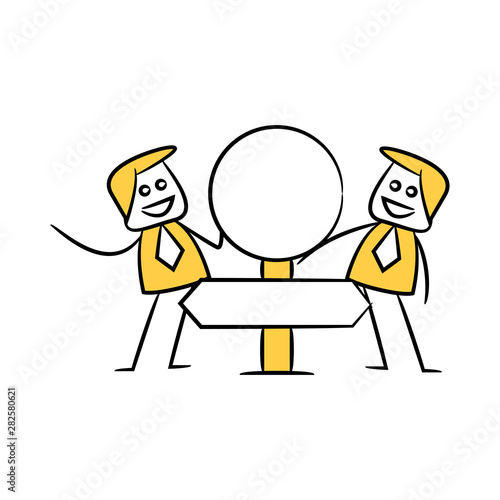 businessman and blank signage or signpost yellow stick figure theme