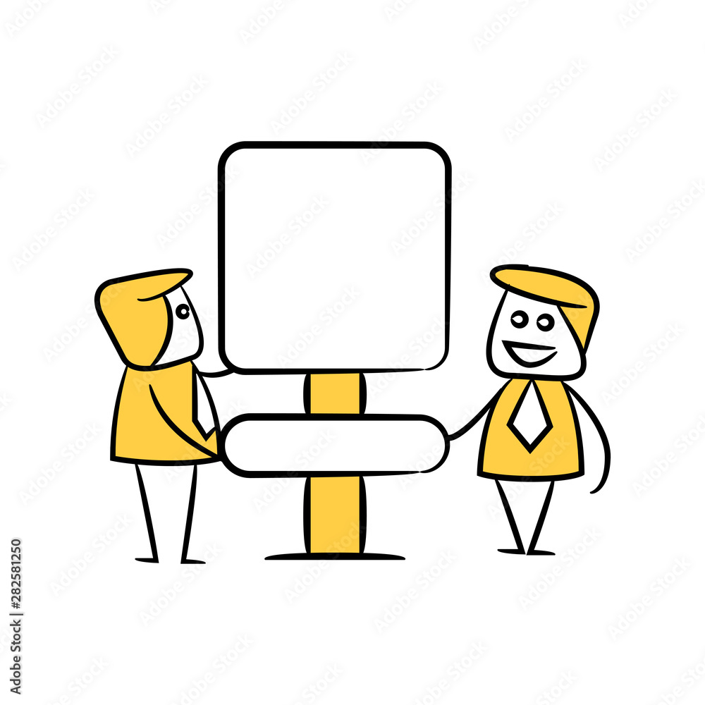 businessman and blank signage or signpost yellow stick figure theme businessman and blank signage or signpost yellow stick figure theme
