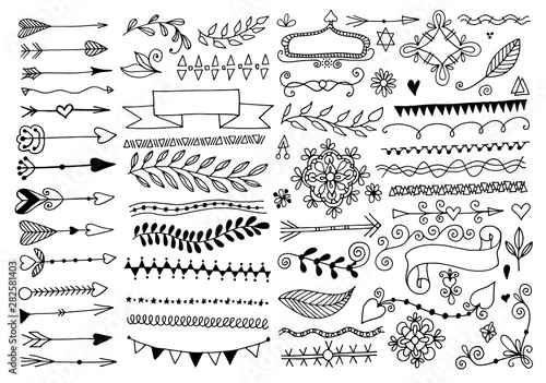 set of hand drawing page dividers borders and arrow, doodle floral design elements