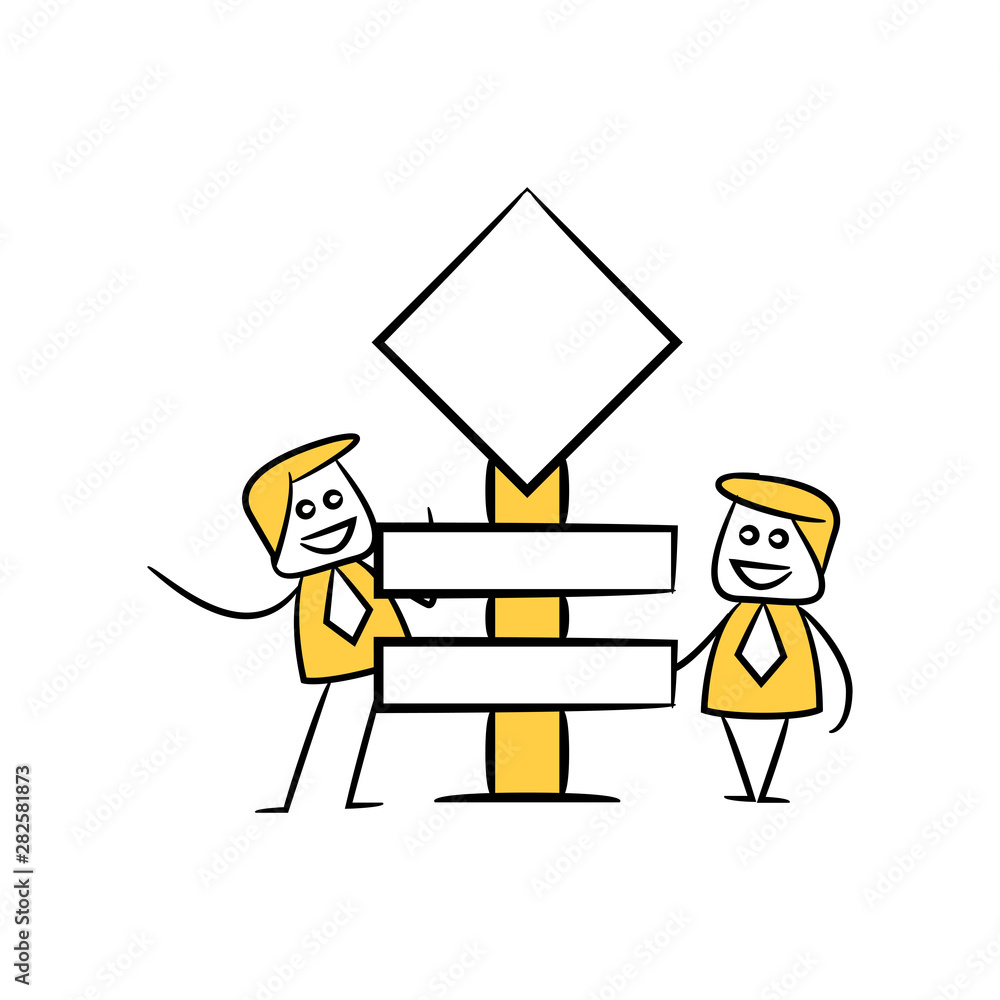 businessman and blank signage or signpost yellow stick figure theme businessman and blank signage or signpost yellow stick figure theme