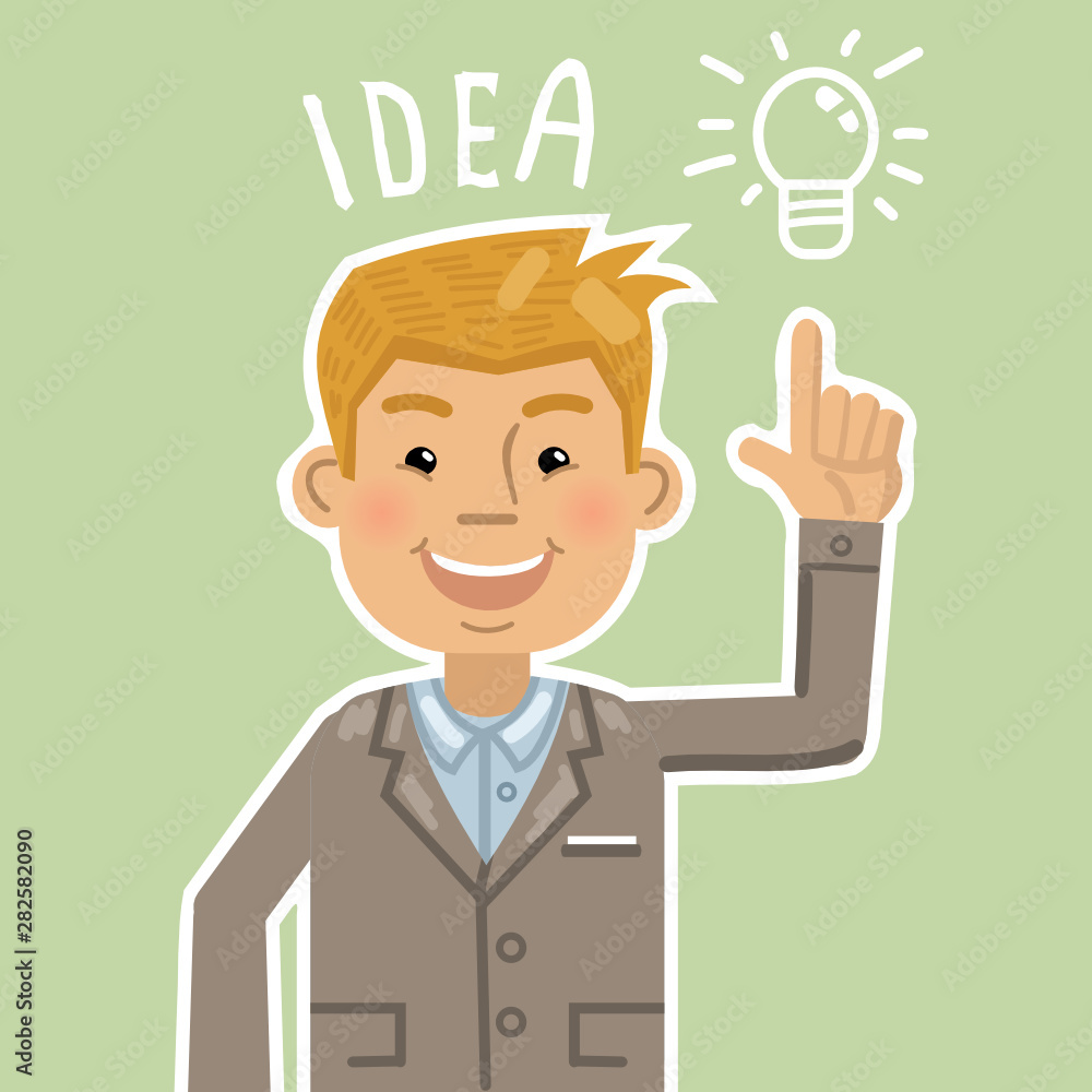 Illustration of a cheerful businessman pointing up at idea light bulb. Emoticon, happy face, emoji. Idea, creativity concept. Flat style vector illustration Illustration of a cheerful businessman pointing up at idea light bulb. Emoticon, happy face, emoji. Idea, creativity concept. Flat style vector illustration