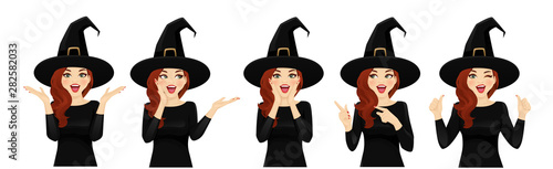 Surprised halloween woman in witch costume vector illustration