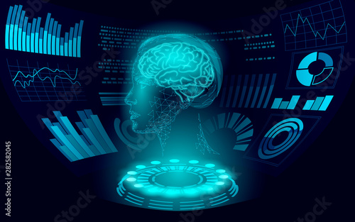 Virtual assistant HUD user display technology. AI artificial intelligence robot support. Chatbot woman brain neural network low poly vector illustration
