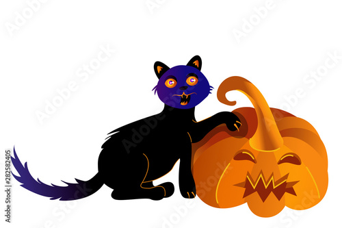 Halloween holiday greeting card with cat and pumpkin. Vector Illustration. Trick or Treat Concept.