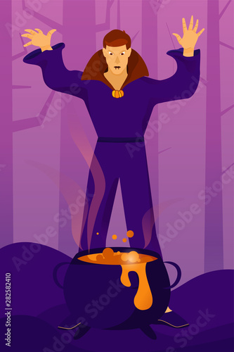 Halloween holiday greeting card. Vampire conjures in the woods. Vector Illustration. Trick or Treat Concept.