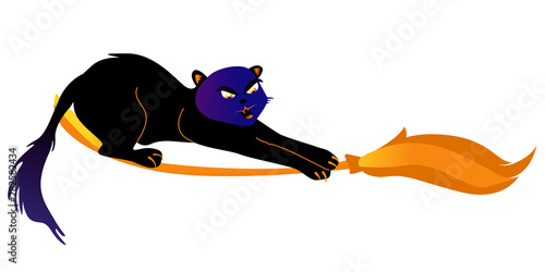 Halloween holiday greeting card with cat. Cat flies on the broomstick. Vector Illustration. Trick or Treat Concept.