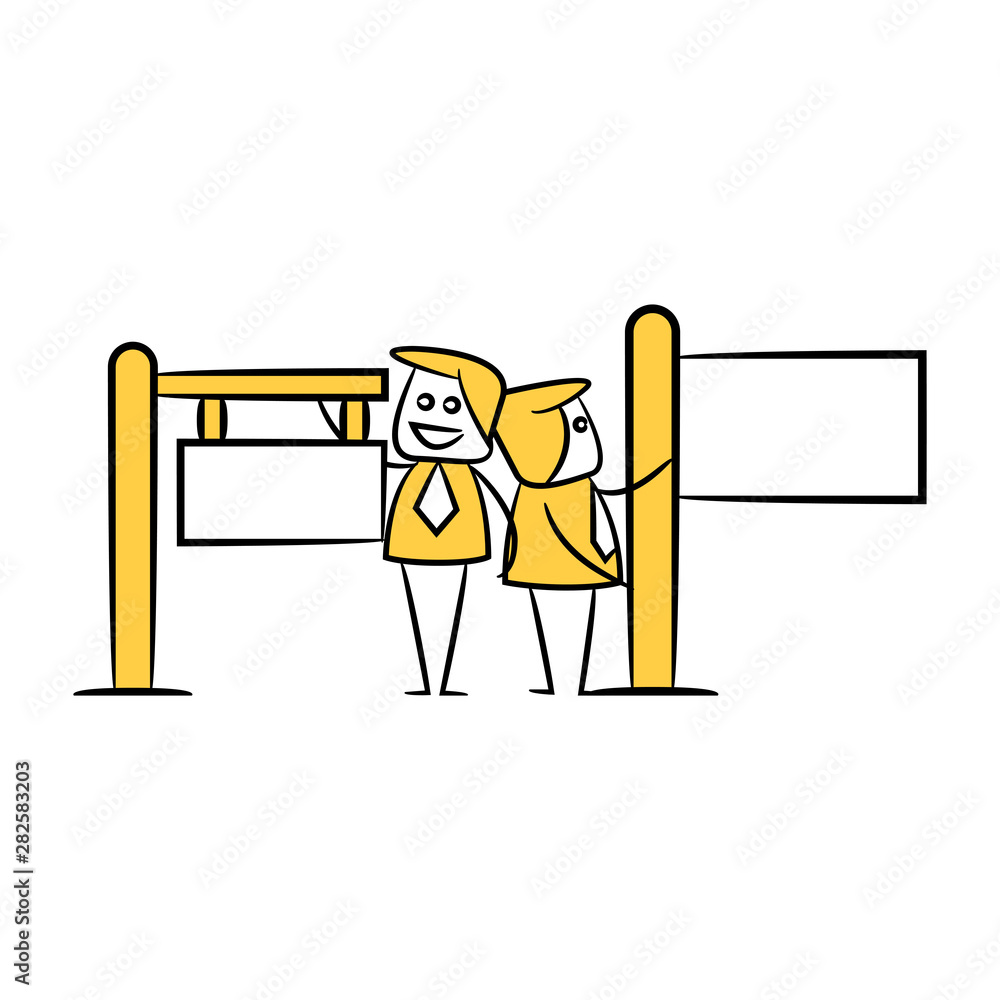 businessman and blank signage or signpost yellow stick figure theme businessman and blank signage or signpost yellow stick figure theme