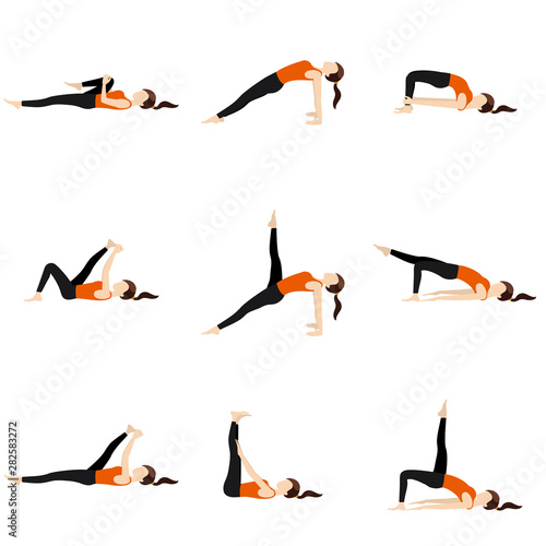 Leg extention yoga poses set/ Illustration stylized woman practicing yoga postures, variations with legs