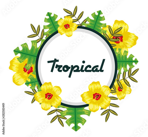 circular frame with tropical flowers and leafs