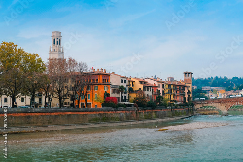 Cityscape of Verona with river Adige. Historical center of European city. Romantic sightseeng trip to Italy