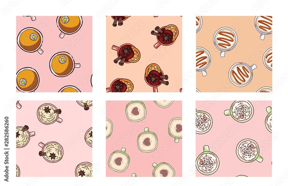 Set of cups of coffee and yummy drinks cute seamless patterns in pastel colors. Texture background tile Set of cups of coffee and yummy drinks cute seamless patterns in pastel colors. Texture background tile