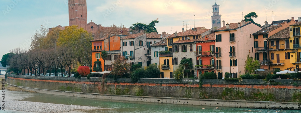 Cityscape of Verona with river Adige. Historical center of European city. Romantic sightseeng trip to Italy