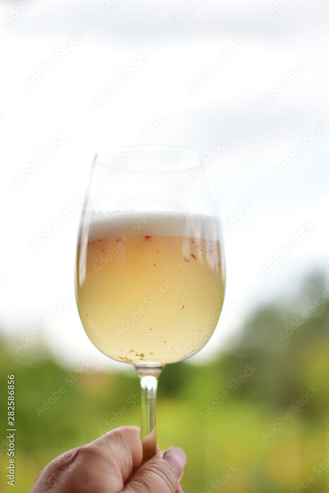 A glass of white wine mixed with peach fruit.