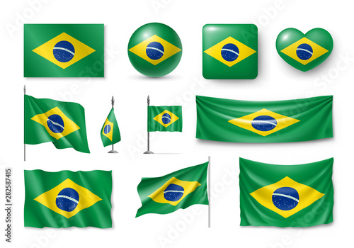 Various flags of Brazil independent country set. Realistic waving national flag on pole, table flag and different shapes badges. Patriotic brazilian rendering symbols isolated vector illustration.
