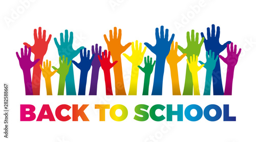 The word back to school and hands, with people who say hello. Vector banner with the text drawing style.