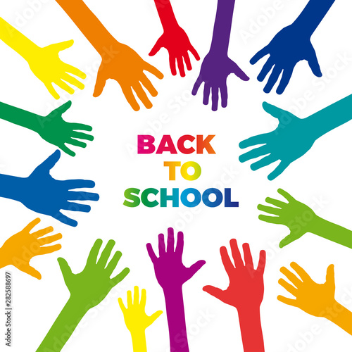 The word back to school and hands, with people who say hello. Vector banner with the text drawing style.