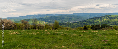 Beskid Slaski mountain range panorama from meadow bellow Wielka Czantoria hill on polish-czech borders